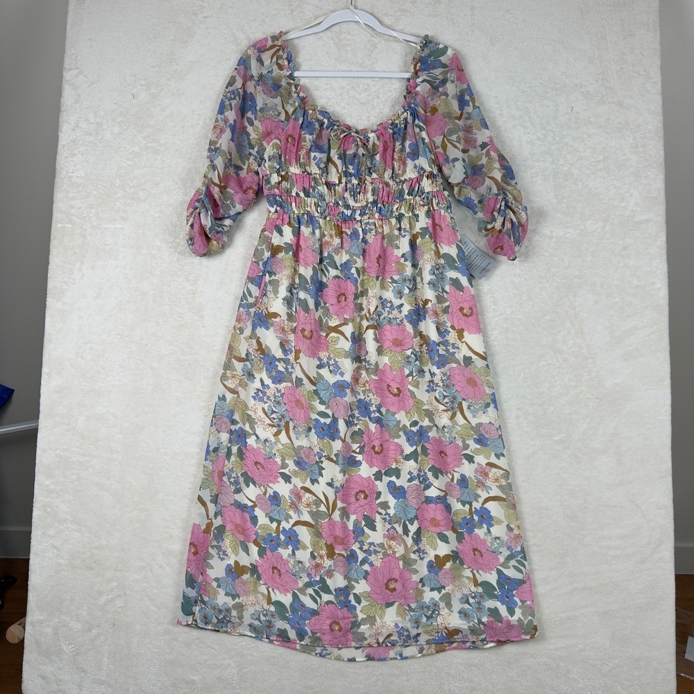 LUSH NWT Floral Print Milkmaid Midi Dress Puff Sleeve Garden Party Size Large
